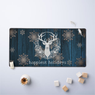 Rustic Watercolor White Reindeer   Blue Desk Mat