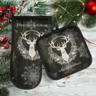Rustic Watercolor White Reindeer   Green Oven Mitt & Pot Holder Set