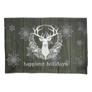 Rustic Watercolor White Reindeer   Green Pillowcase