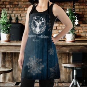 Rustic Watercolor White Reindeer Personalise Blue Apron