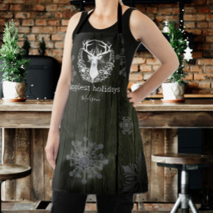 Rustic Watercolor White Reindeer Personalise Green Apron