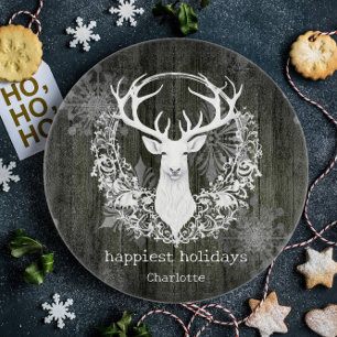 Rustic Watercolor White Reindeer Personalise Green Cutting Board