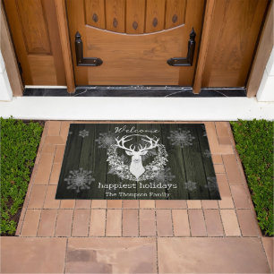 Rustic Watercolor White Reindeer Personalise Green Doormat