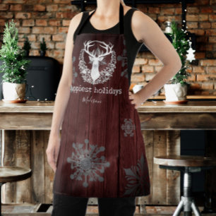 Rustic Watercolor White Reindeer Personalised Red Apron