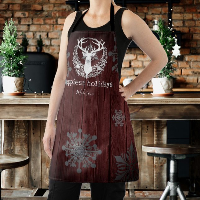 Rustic Watercolor White Reindeer Personalised Red Apron (Red Rustic Watercolor White Reindeer Personalized Apron)