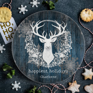 Rustic Watercolor White Reindeer Personalize Blue Cutting Board