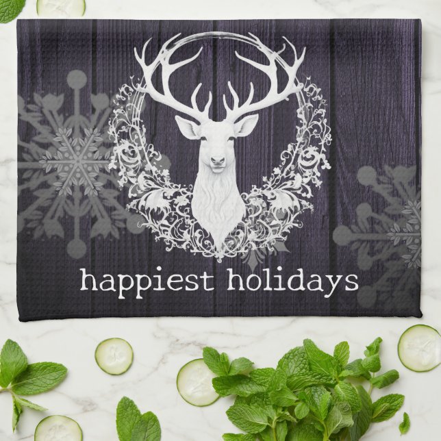 Rustic Watercolor White Reindeer | Purple Tea Towel (Folded)