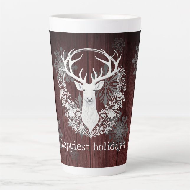 Rustic Watercolor White Reindeer | Red Latte Mug (Front)