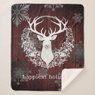 Rustic Watercolor White Reindeer Red Sherpa Blanket