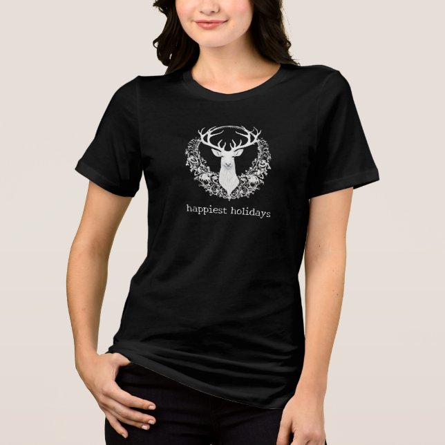 Rustic Watercolor White Reindeer Tri-Blend Shirt (Front)