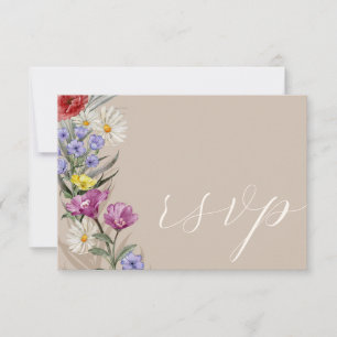 Rustic Watercolor Wild Flower & Beige Wedding RSVP Card
