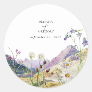 Rustic Watercolor Wildflower Mountain Wedding Classic Round Sticker