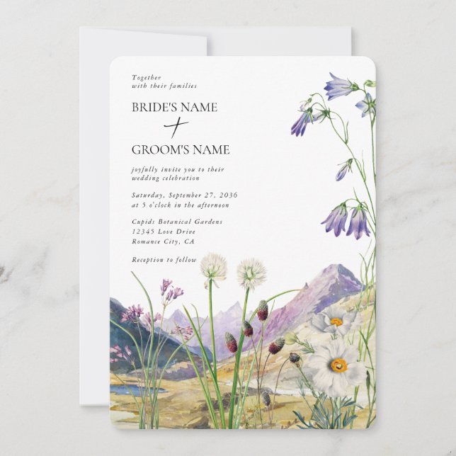 Rustic Watercolor Wildflower Mountain Wedding Invitation (Front)