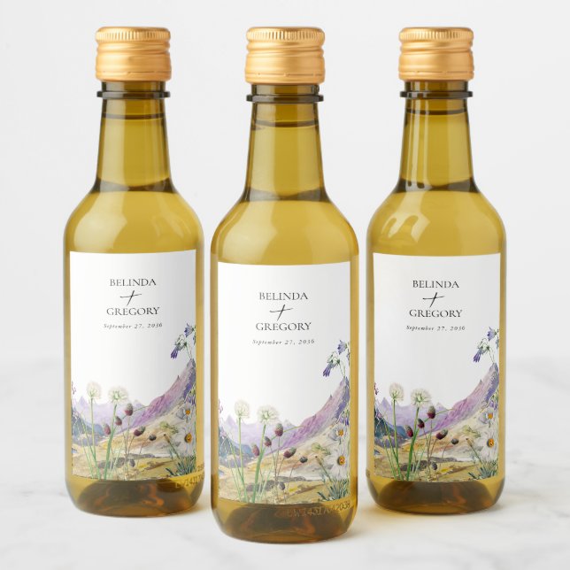 Rustic Watercolor Wildflower Mountain Wedding Wine Label (Bottles)