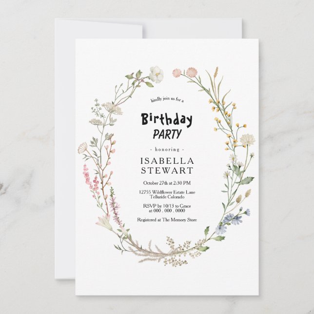 Rustic Watercolor Wildflower Spring BIrthday Party Invitation (Front)