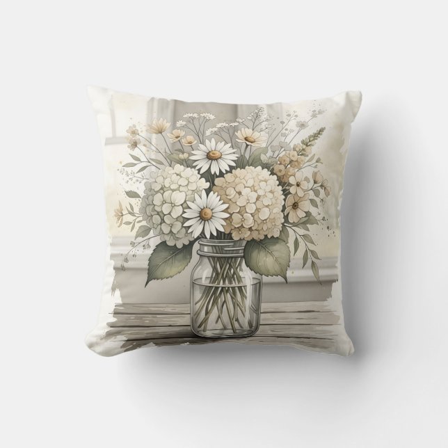 Rustic Watercolor Wildflowers in Mason Jar Cushion (Front)