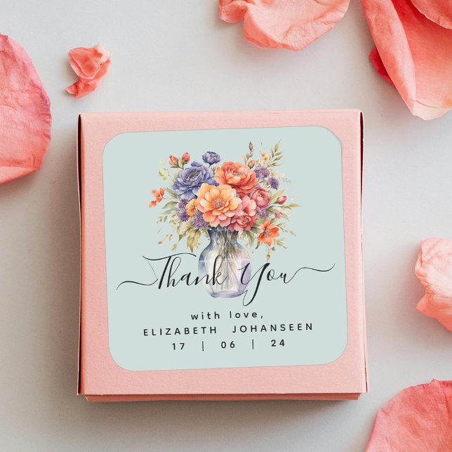 Rustic Watercolor Wildflowers Mason Jar Thank You Square Sticker (Creator Uploaded)