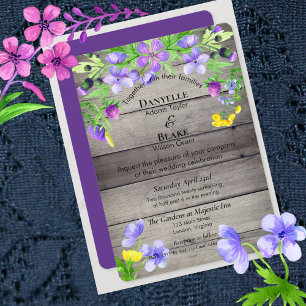 Rustic Watercolor Wildflowers Purple Blue Wedding Invitation