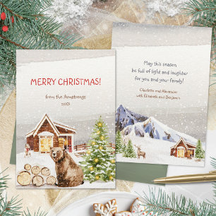 Rustic Watercolor Winter Cabin Bear Christmas Holiday Card