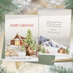 Rustic Watercolor Winter Cabin Bear Christmas Holiday Card