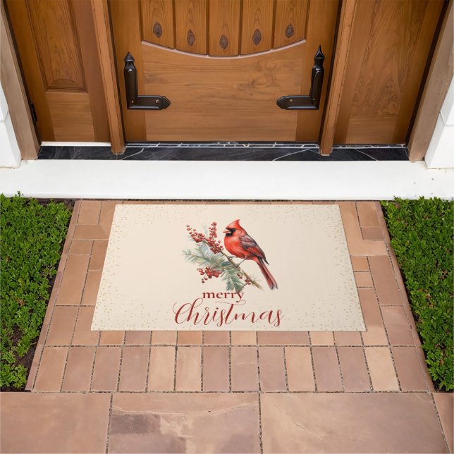 Rustic Watercolor Winter Cardinal Holly Branch Doormat (Outdoor)