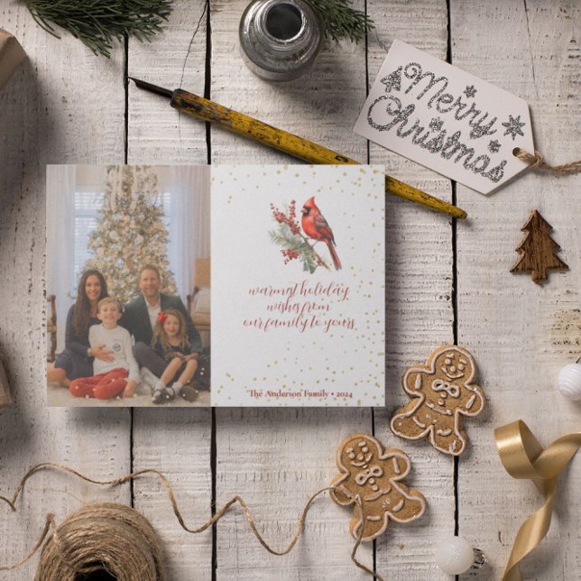 Rustic Watercolor Winter Cardinal Holly Branch Holiday Card (Creator Uploaded)