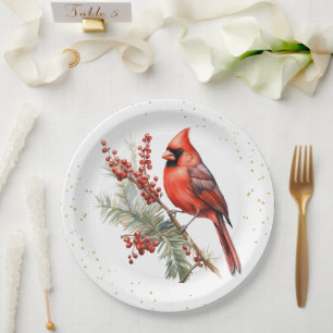 Rustic Watercolor Winter Cardinal Holly Branch Paper Plate