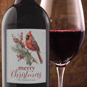 Rustic Watercolor Winter Cardinal Holly Branch Wine Label