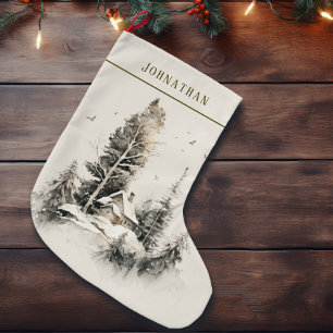 Rustic Watercolor Winter Country Cabin Large Christmas Stocking