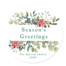 Rustic Watercolor Winter Greenery with Red Flowers