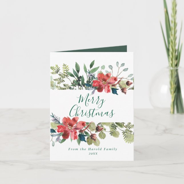 Rustic Watercolor Winter Greenery with Red Flowers Holiday Card (Front)