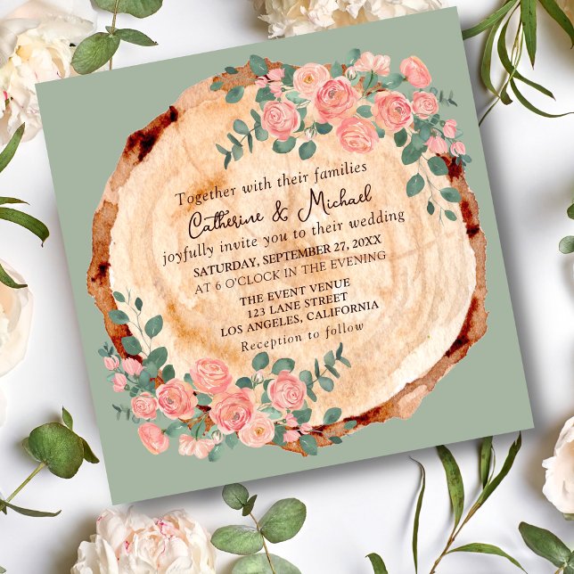 Rustic Watercolor Wood Slice Sage Green  Invitation (Creator Uploaded)
