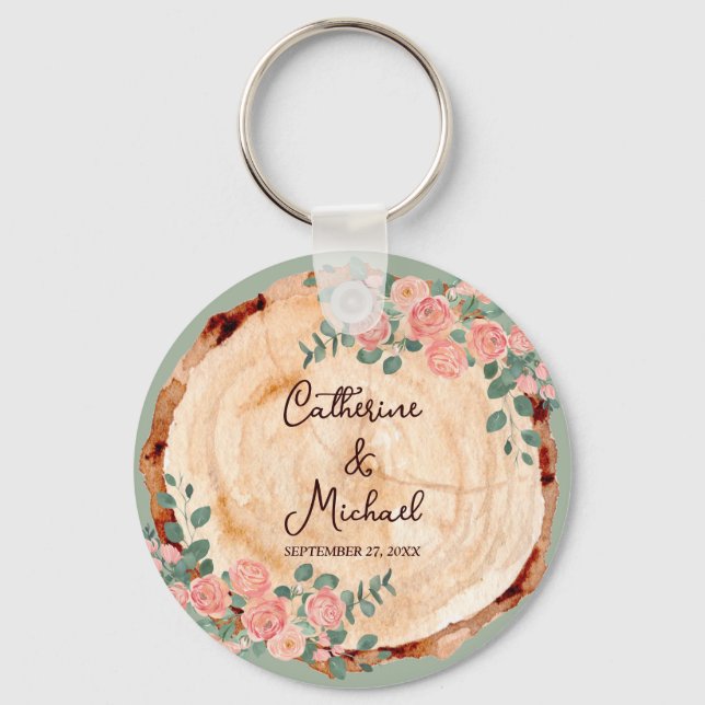Rustic Watercolor Wood Slice Sage Green  Key Ring (Front)
