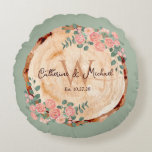 Rustic Watercolor Wood Slice Sage Green  Round Cushion<br><div class="desc">Introducing our Rustic Wood Slice Wedding design, perfect for your whimsical floral garden wedding or rustic country barn lush greenery celebration. Our design features a round pine wood slice with rustic tree bark edges which add a touch of elegance to the earthy botanical feel. The romantic dusty rose blush pink...</div>