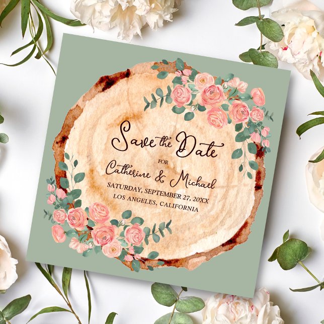 Rustic Watercolor Wood Slice Sage Green  Save The Date (Creator Uploaded)