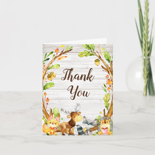 Rustic Watercolor Woodland Animals Baby Shower Thank You Card (Front)