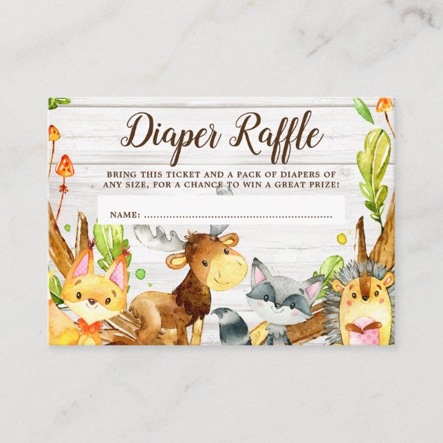 Rustic Watercolor Woodland Animals Diaper Raffle Enclosure Card (Front)