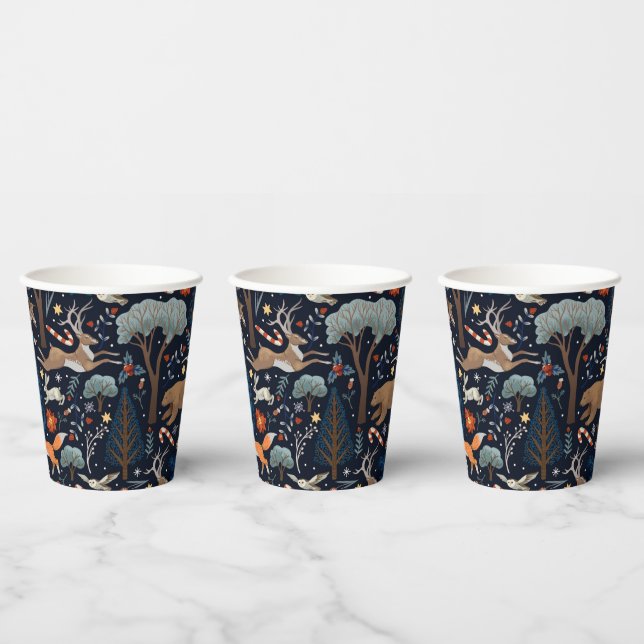 Rustic Watercolor Woodland Animals Trees Christmas Paper Cups (Multi)
