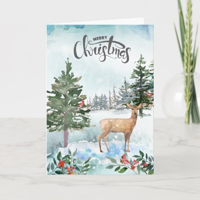 Rustic Watercolor Woodland Deer Christmas Card (Front)
