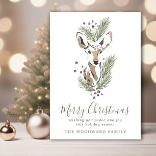 Rustic Watercolor Woodland Deer Christmas Holiday Card