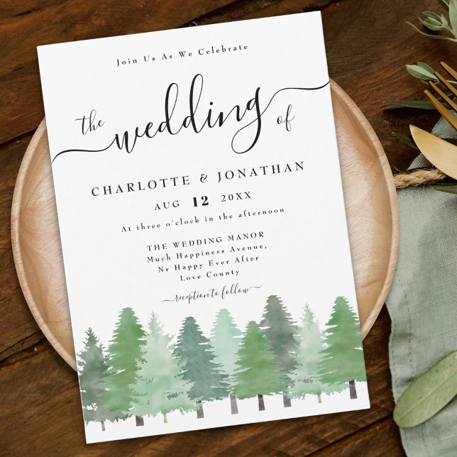 Rustic Watercolor Woodland Forest Wedding Invitation (Modern watercolor woodland forest wedding invitation elegant script)