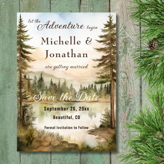 Rustic Watercolor Woodland Lake Adventure Wedding  Save The Date
