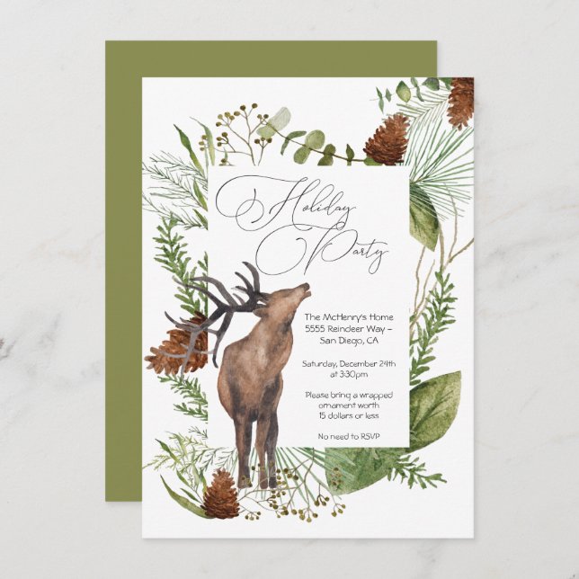 Rustic Watercolor Woodland Reindeer Holiday Party Invitation (Front/Back)