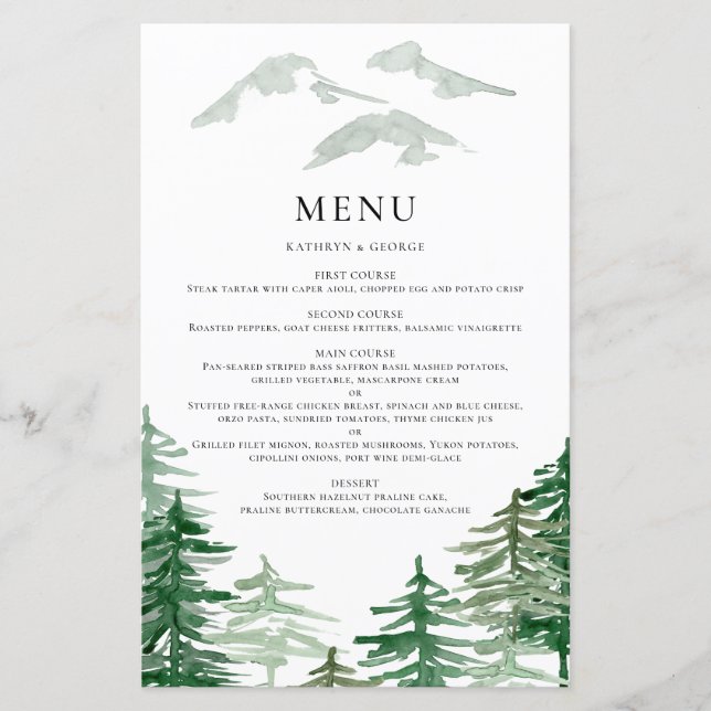 Rustic Watercolor Woodland Wedding Menu Card (Front)