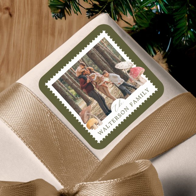 Rustic Watercolor Woodsy Mushrooms Photo Stamp Square Sticker (Rustic Watercolor Woodsy Mushrooms Photo Stamp Square Sticker)