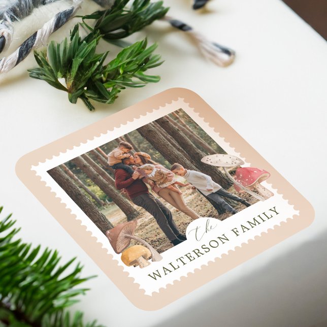 Rustic Watercolor Woodsy Mushrooms Photo Stamp Square Sticker (Rustic Watercolor Woodsy Mushrooms Photo Stamp Square Sticker)