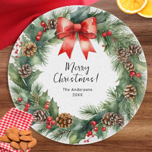 Rustic Watercolor Wreath Merry Christmas Cutting Board