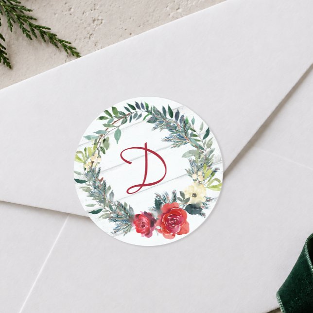 Rustic Watercolor Wreath Monogram Christmas Classic Round Sticker (Rustic Watercolor Wreath Monogram Christmas Classic Round Sticker)