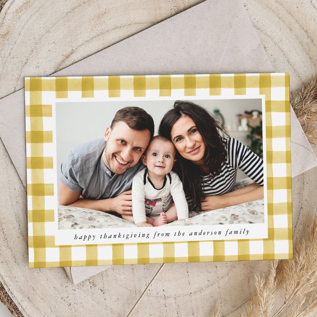 Rustic Watercolor Yellow Plaid Photo Thanksgiving Holiday Card (Creator Uploaded)