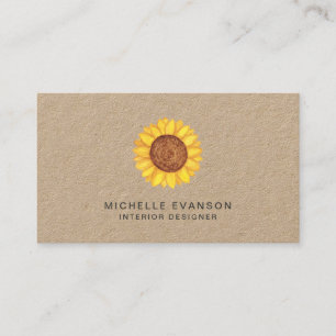 Rustic Watercolor Yellow Sunflower Logo Kraft Business Card